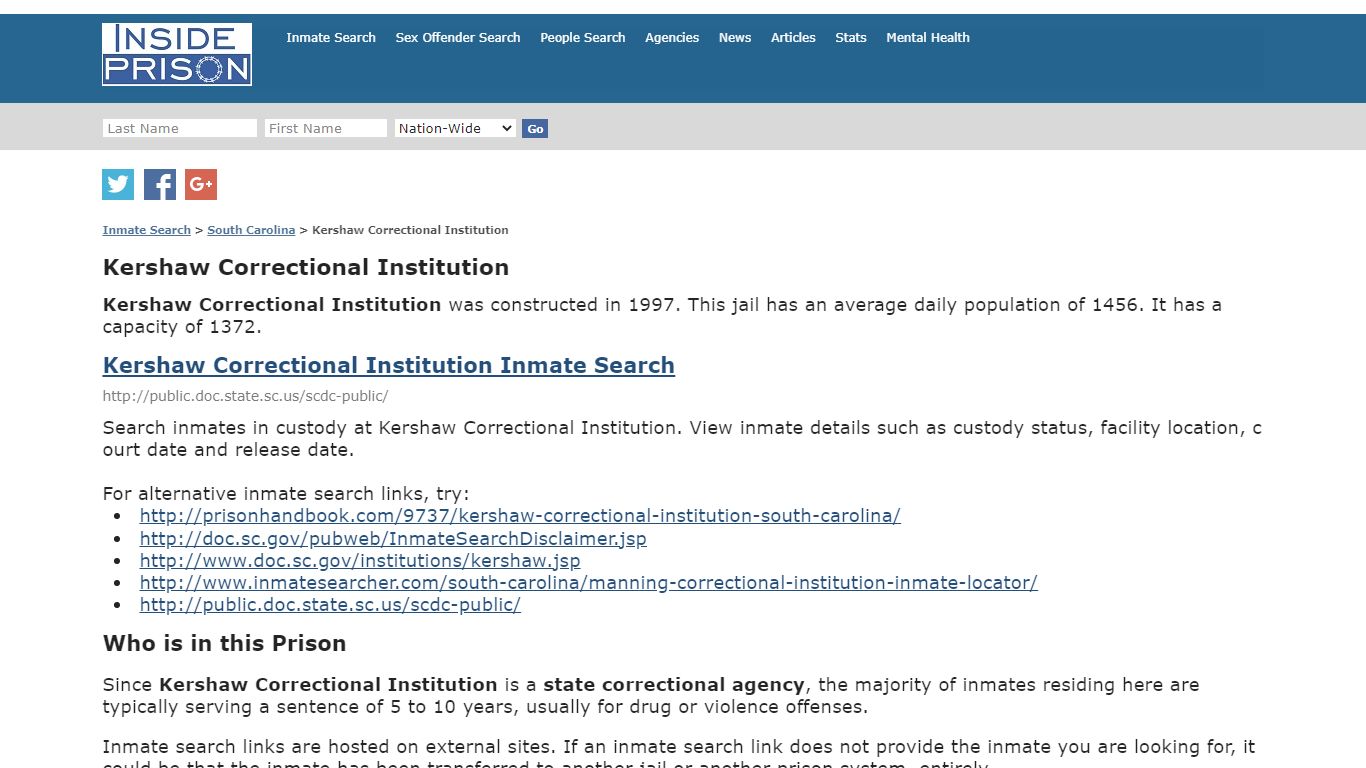 Kershaw Correctional Institution - South Carolina - Inmate Search