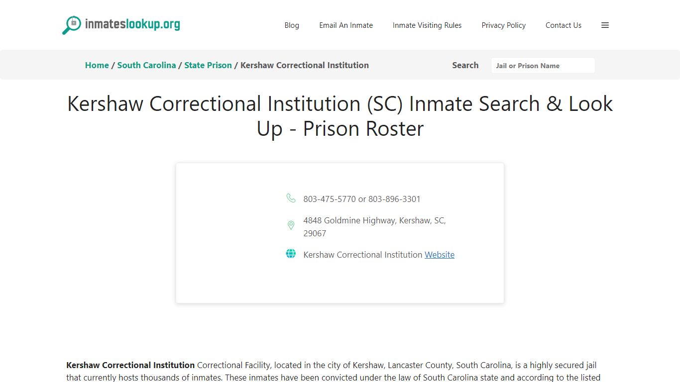 Kershaw Correctional Institution (SC) Inmate Search & Look Up - Prison ...