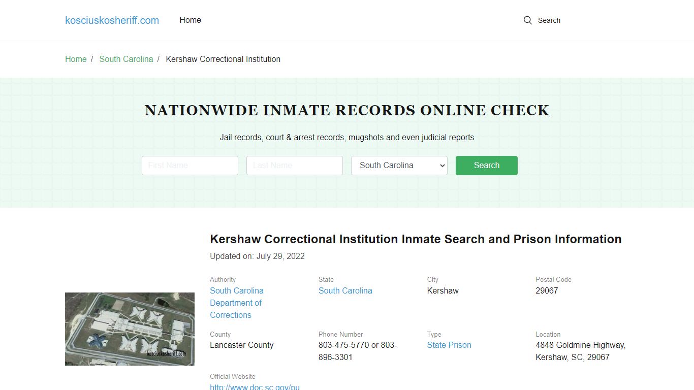 Kershaw Correctional Institution Inmate Search, Visitation, Phone no ...